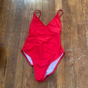 Red straps back one piece with cheeky bottom